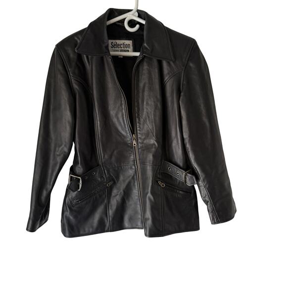 Selection Leathers Jacket Womens Large Genuine Leather Zip Pockets Buckle Moto - Picture 1 of 11